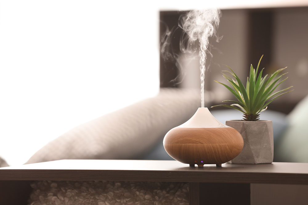 Aromatherapy essential oil diffuser sitting on table in front of couch next to a plant