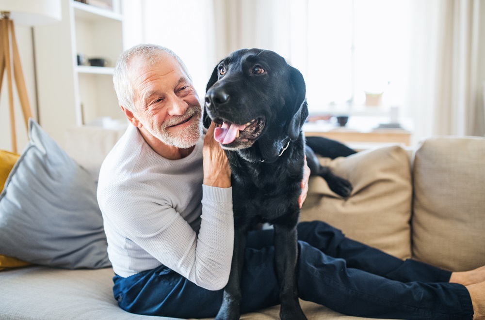 A senior man and his dog sit on the sofa together